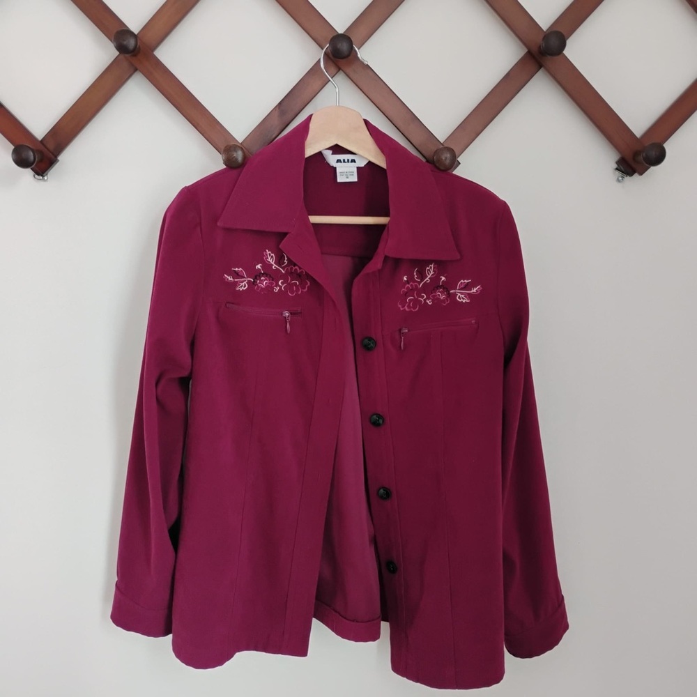 Alia Women burgundy bomber jacket blazer/lite jacket size 16 embroidered Y2K 90s